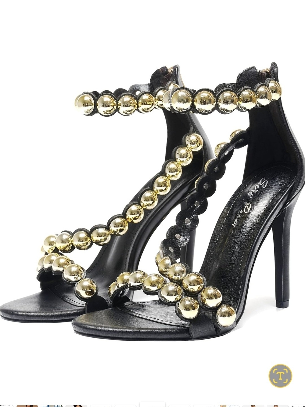 Black High Heel Sandals with Gold Orbs